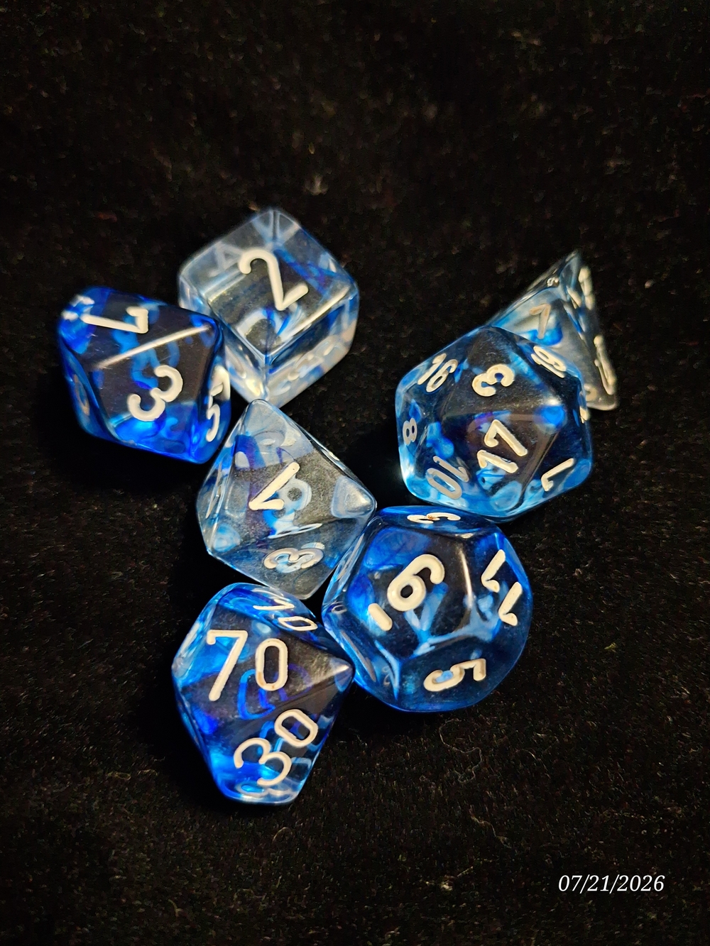 Blue Translucent RPG Dice Set with White Numbers